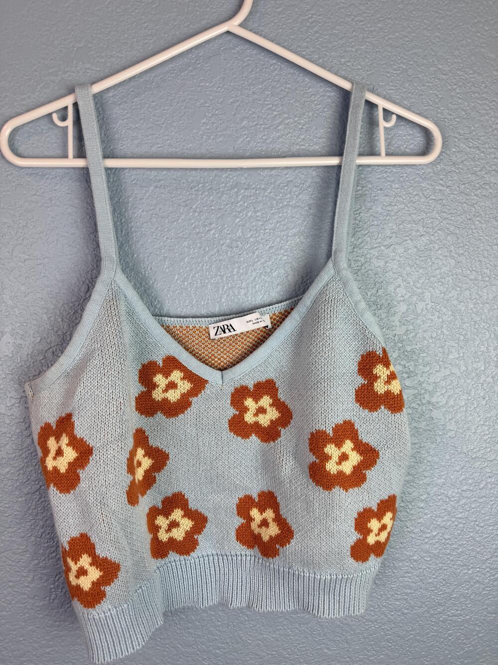 Zara Tank Top Womens Large Blue Knit Floral V Neck Cropped Sweater Cami Summer